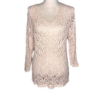 J.Jill Pink White Knit Crochet Vneck Sweater Medium 3/4 Sleeves